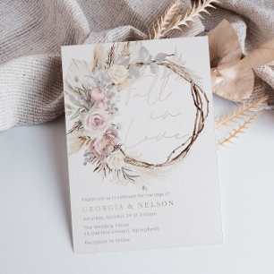 Dusty Rose Modern Boho Wreath Fall in Love Wedding Foil Invitation
