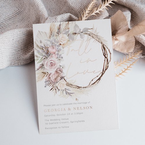 Dusty Rose Modern Boho Wreath Fall in Love Wedding Foil Invitation