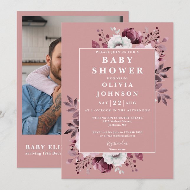 Dusty Rose Modern Floral Photo QR Code Baby Shower Invitation (Front/Back)