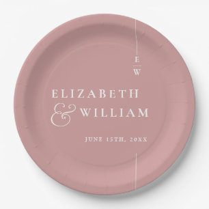 Dusty Rose Modern Minimalist Monogram Wedding Paper Plates