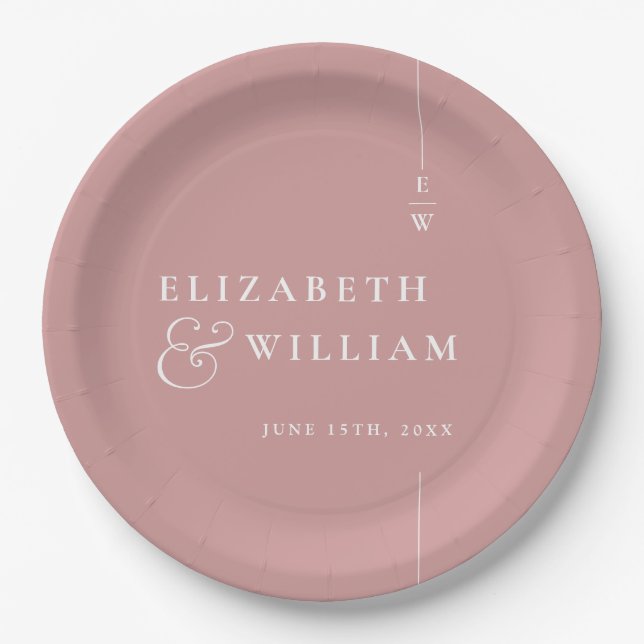 Dusty Rose Modern Minimalist Monogram Wedding Paper Plates (Front)