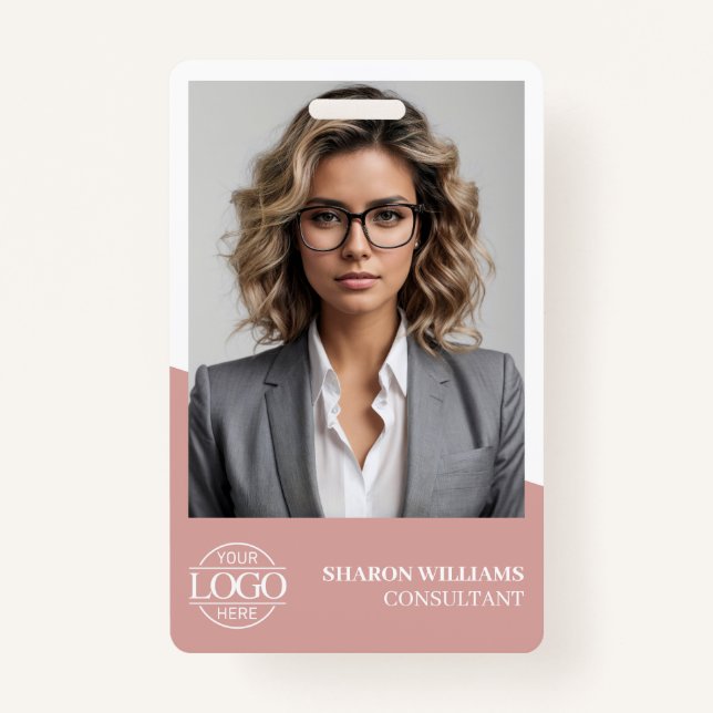 Dusty Rose Modern Personalized Employee Photo Logo Badge (Front)
