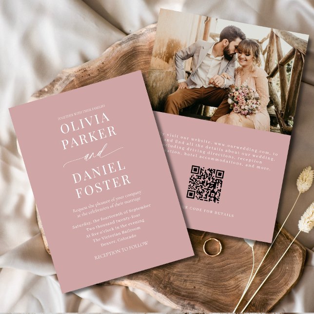 Dusty Rose Modern QR Code Photo Wedding Invitation (Creator Uploaded)