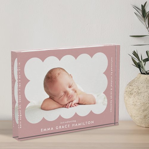 Dusty Rose Modern Scalloped Birth Announcement Photo Block