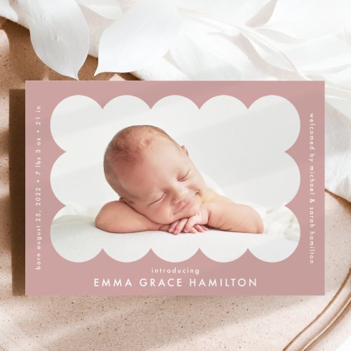 Dusty Rose Modern Scalloped Photo Frame Birth Announcement