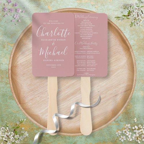 Dusty Rose Modern Script Wedding Program Hand Fan