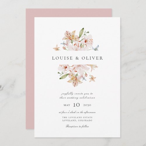 Dusty Rose Modern Watercolor Floral Lilies Wedding Invitation