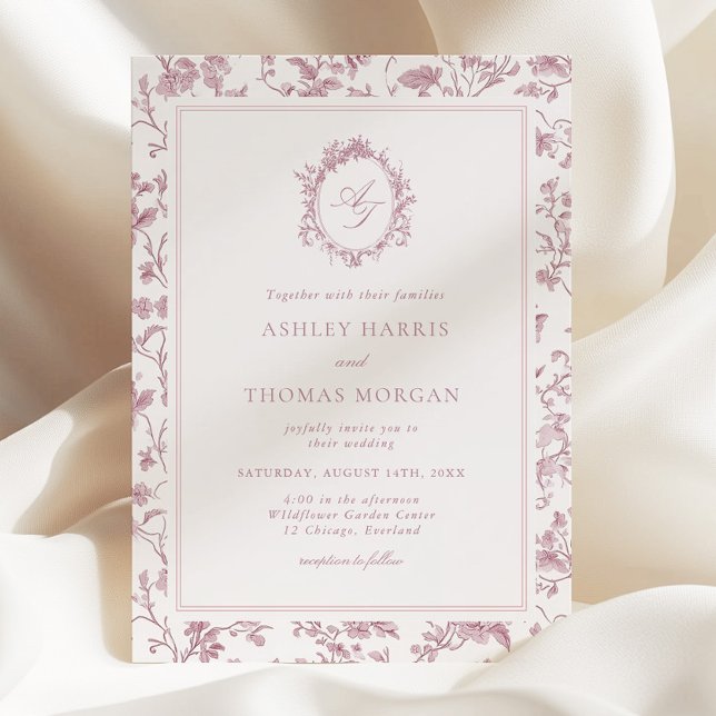 Dusty Rose Monogram Chinoiserie Wedding Invitation (Creator Uploaded)