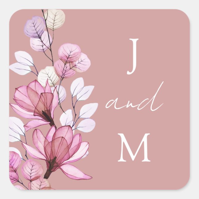 Dusty Rose Monogram Floral Wedding Favor Square Sticker (Front)