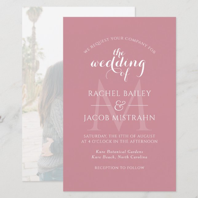 Dusty Rose Monogram Photo Wedding Invitation (Front/Back)