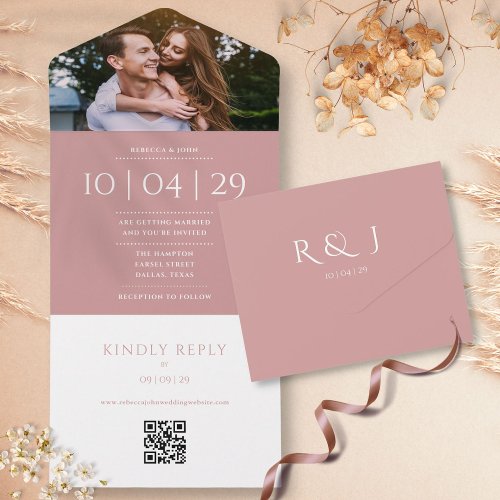Dusty Rose Monogram QR Code Photo Wedding Date All In One Invitation