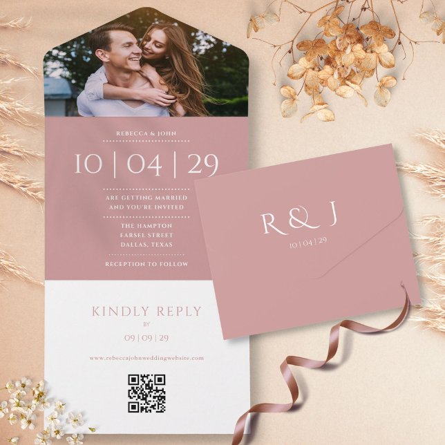 Dusty Rose Monogram QR Code Photo Wedding Date All In One Invitation (Dusty Rose Monogram QR Code Photo Wedding Date All In One Invitation)