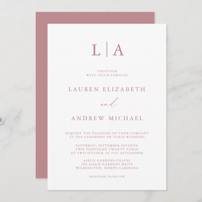 Dusty Rose Monogram Simple Minimalist Wedding Invitation (Front/Back)