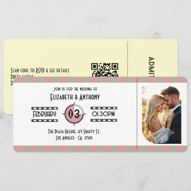 Dusty Rose, Muted Sage & Cream Cinema Wedding Invitation (Front/Back)