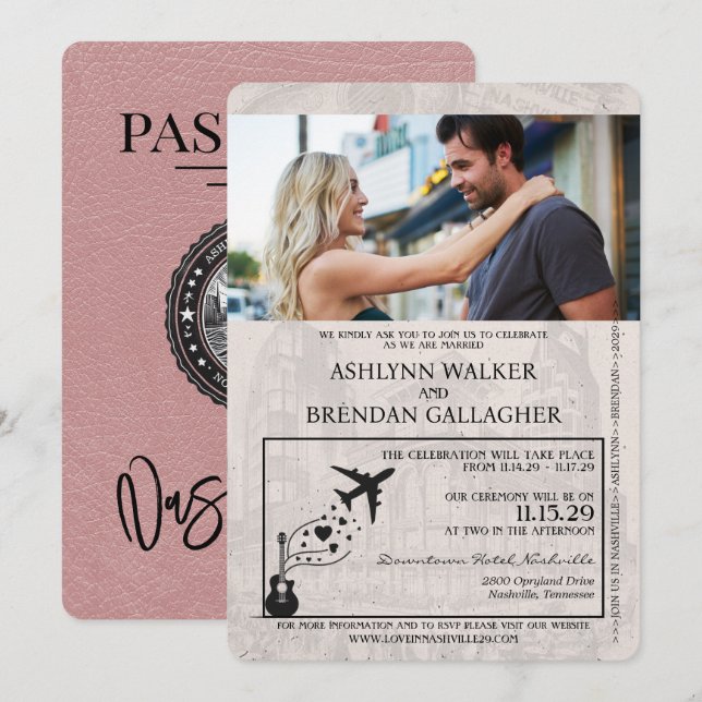 Dusty Rose Nashville Passport Wedding Invitation (Front/Back)