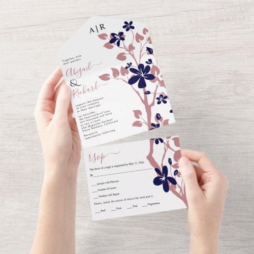 Dusty rose navy blue branch with flowers wedding all in one invitation