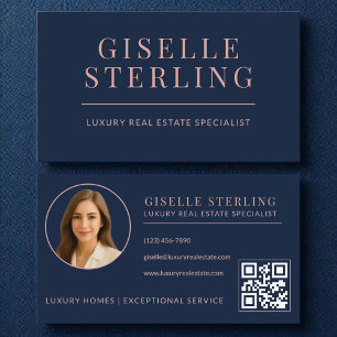 Dusty Rose Navy Blue Real Estate Agent QR Code Business Card