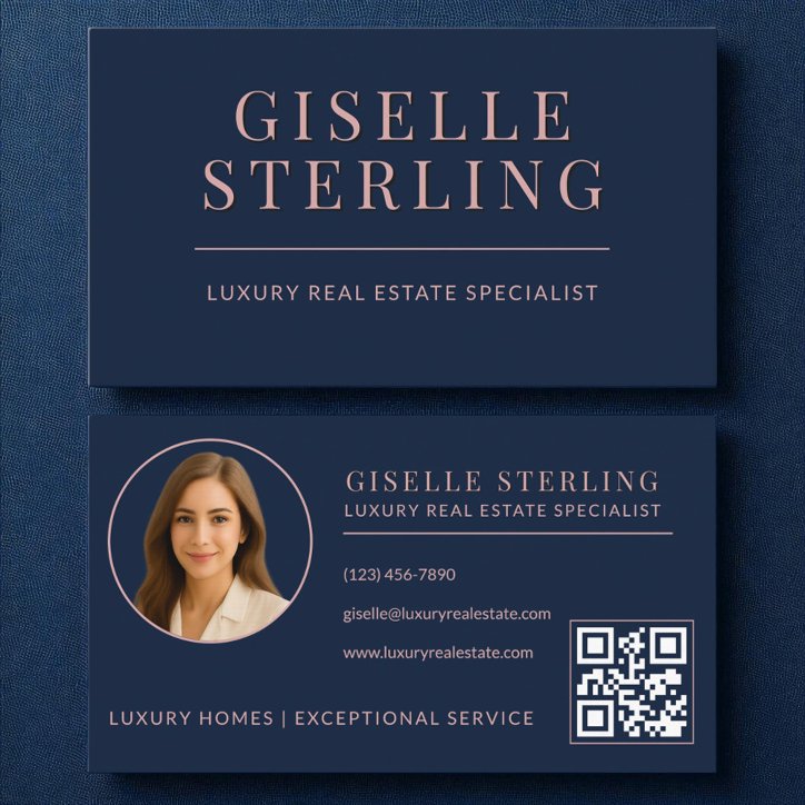 Dusty Rose Navy Blue Real Estate Agent QR Code Business Card