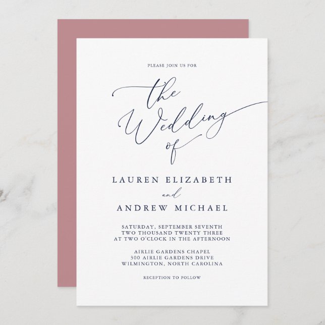 Dusty Rose & Navy Blue Wedding Invitation (Front/Back)