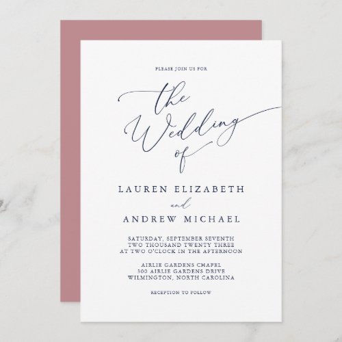 Dusty Rose  Navy Blue Wedding Invitation