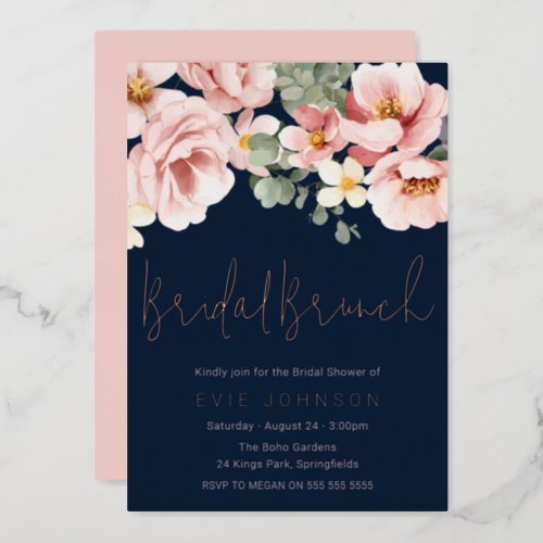 Dusty Rose Navy Bridal Shower Brunch Rose Gold Foil Invitation