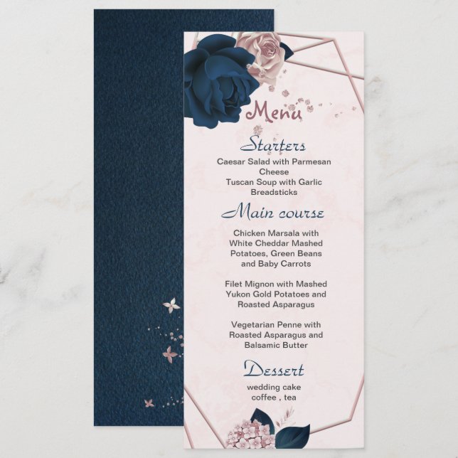 dusty rose & navy flowers geometric wedding menu (Front/Back)