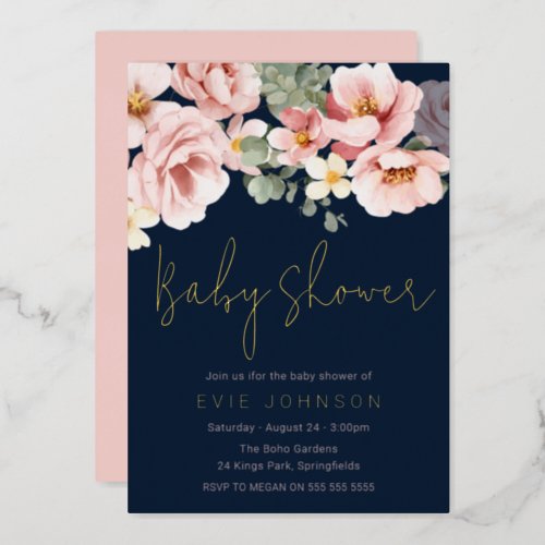 Dusty Rose  Navy Watercolor Baby Shower Gold Foil Invitation
