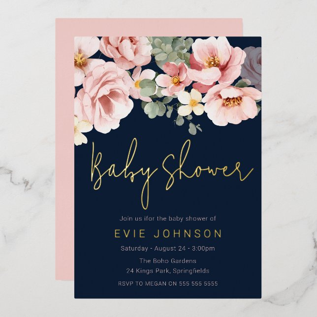 Dusty Rose & Navy Watercolor Baby Shower Gold Foil Invitation (Front/Back)