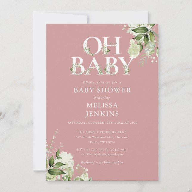Dusty Rose Oh Baby Botanical Greenery Baby Shower Invitation (Front)