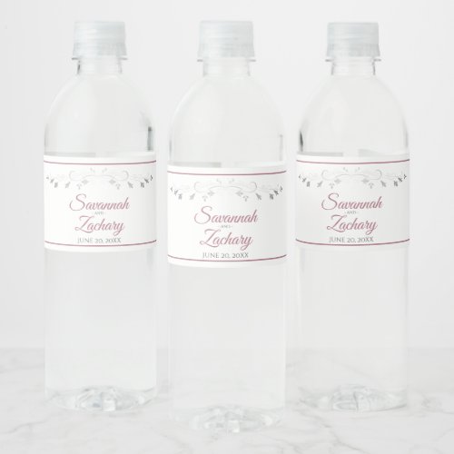 Dusty Rose on White Elegant Vintage Border Wedding Water Bottle Label