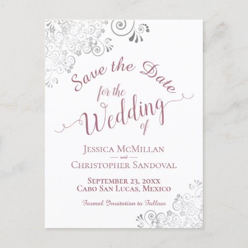 Dusty Rose on White Lacy Wedding Save the Date Announcement Postcard