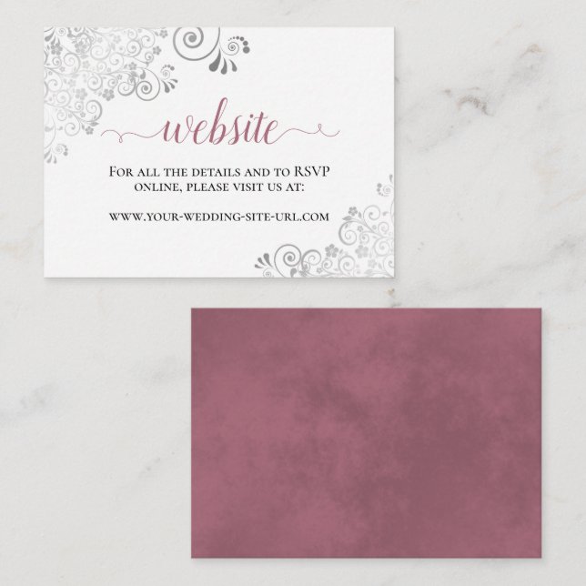 Dusty Rose on White Silver Lace Wedding Website Enclosure Card (Front/Back)