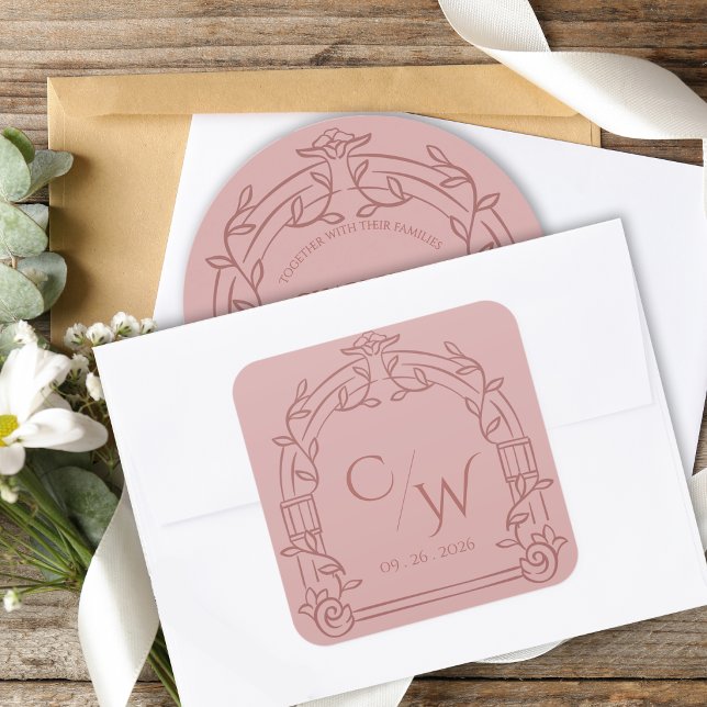 Dusty Rose Ornate Arch Botanical Wedding Envelope  Square Sticker (Elegant Dusty Rose Ornate Arch Botanical Wedding Envelope Seal Sticker)
