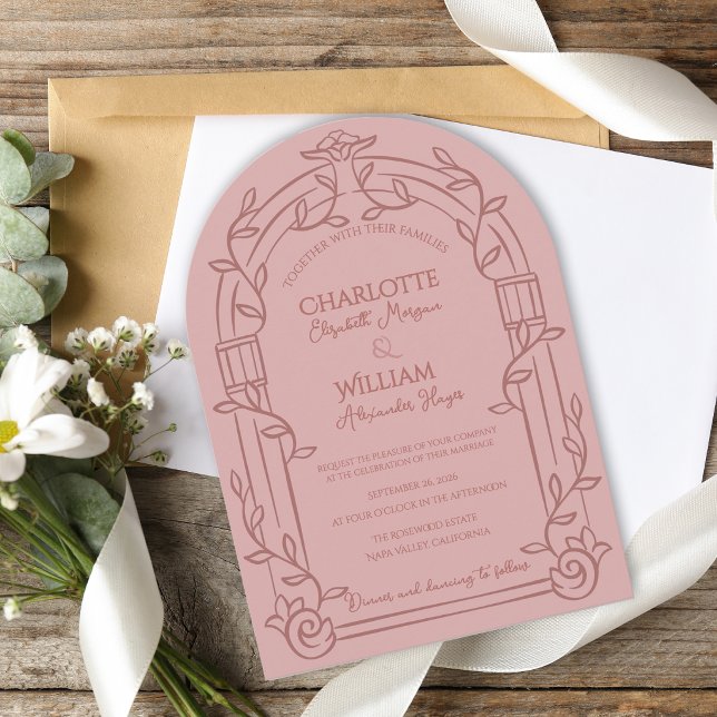 Dusty Rose Ornate Arch Botanical Wedding Invitation (Dusty Rose Ornate Arch Botanical Wedding Invitation | Romantic Garden Estate Wedding Invite)