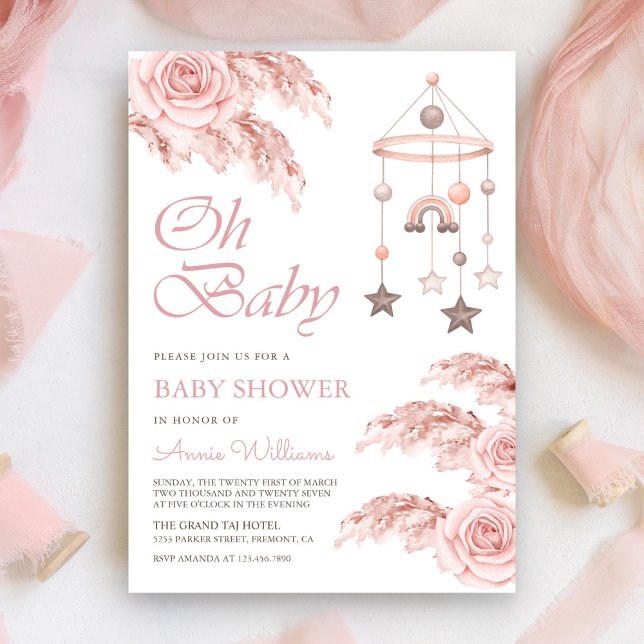 Dusty Rose Pampas Boho Rainbow Baby Shower Invitation (Creator Uploaded)