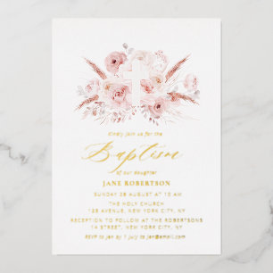 dusty rose pampas floral cross baptism foil invitation