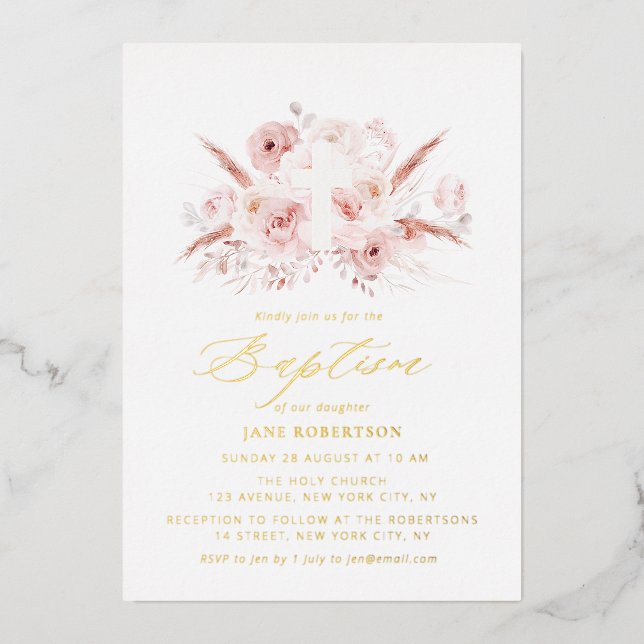 dusty rose pampas floral cross baptism  foil invitation (Front)