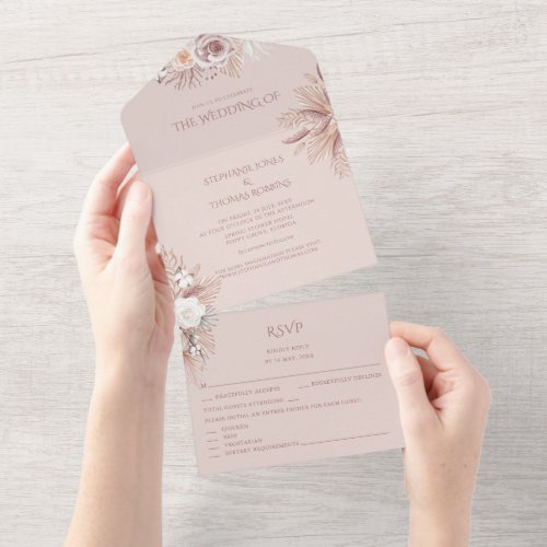 Dusty Rose Pampas Grass All in One Wedding Invite