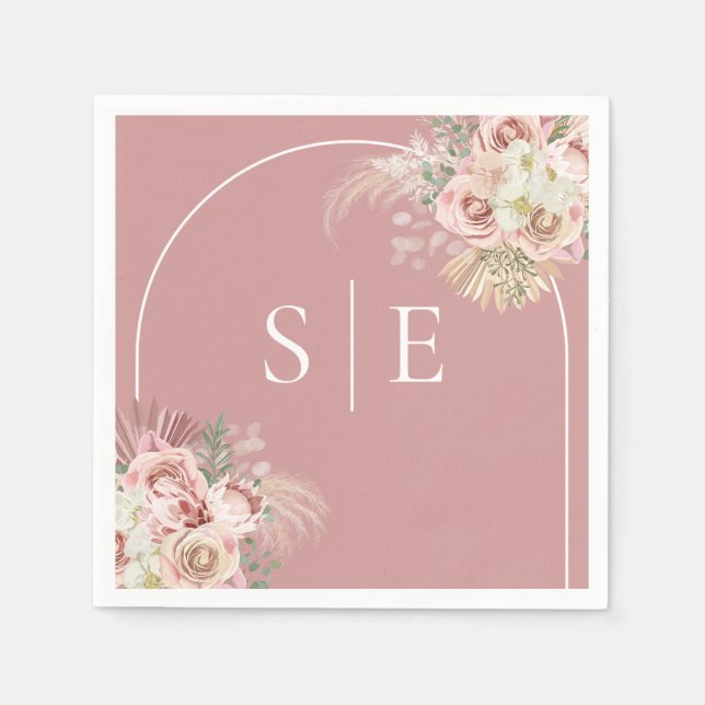 Dusty Rose Pampas Grass Arch Monogram Napkins (Front)
