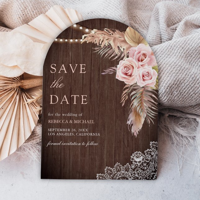 Dusty Rose Pampas Grass Arch Wood Photo Wedding Save The Date (Creator Uploaded)