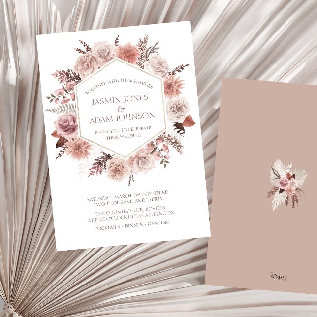 Dusty Rose Pampas Grass Boho Wedding Invitation (Boho Dusty Pink Dried Flowers Wreath Wedding Invitation)