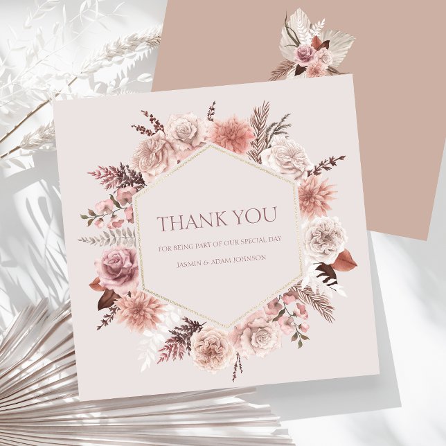 Dusty Rose Pampas Grass Flat Wedding Thank You Card (Boho Dusty Pink Dried Flowers Wreath Wedding Thank You Card)