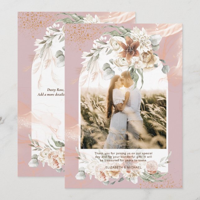 Dusty Rose Pampas Grass Floral PHOTO THANK YOU Card (Front/Back)