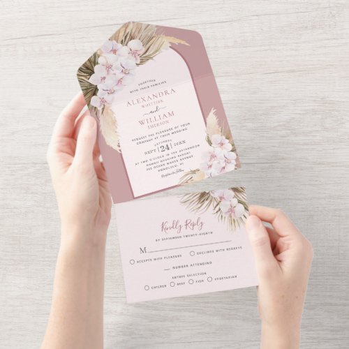 Dusty Rose Pampas Grass Orchids Tropical Wedding All In One Invitation