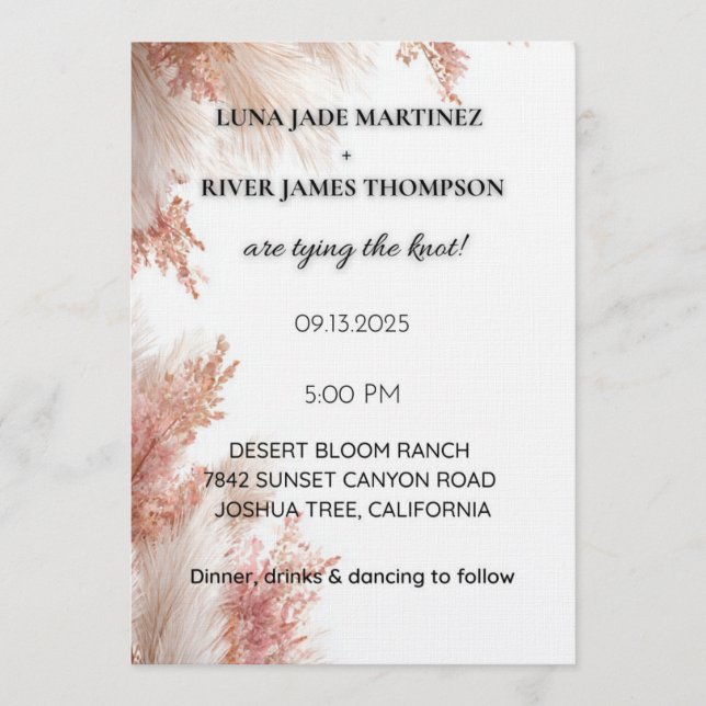 Dusty Rose Pampas Grass Wedding Invitation (Front)