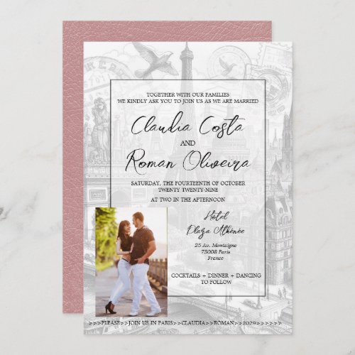 Dusty Rose Paris Passport Wedding Invitation