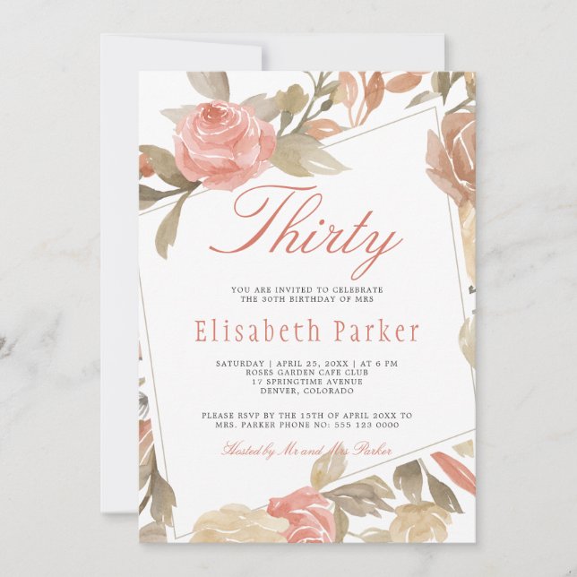 Dusty Rose Peach Cream Floral 30th Birthday Party Invitation (Front)