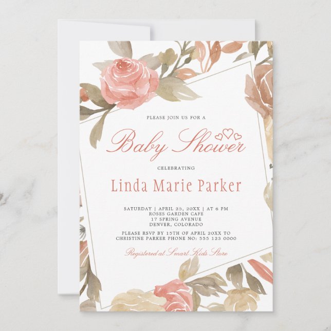 Dusty Rose Peach Cream Floral Baby Shower Invitation (Front)