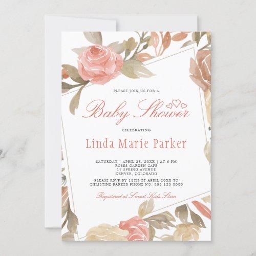 Dusty Rose Peach Cream Floral Baby Shower Invitation