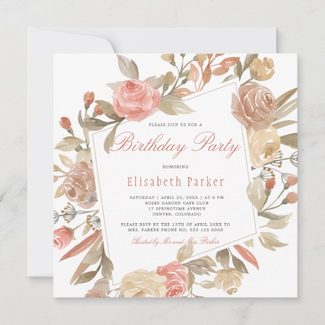 Dusty Rose Peach Cream Floral Birthday Party Invitation (Front)